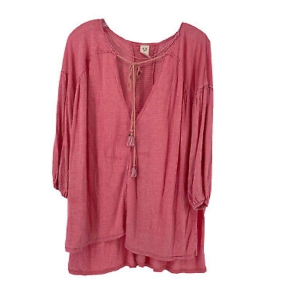 Free People 100% Cotton Free Flowing Soft Colors Beaded drawstring Lace-up Top - Picture 1 of 13